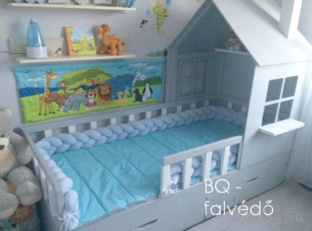 BQ gyerekkuckó házkó ággyal egyedi tervezésű textilekkel, szafaris falvédővel
